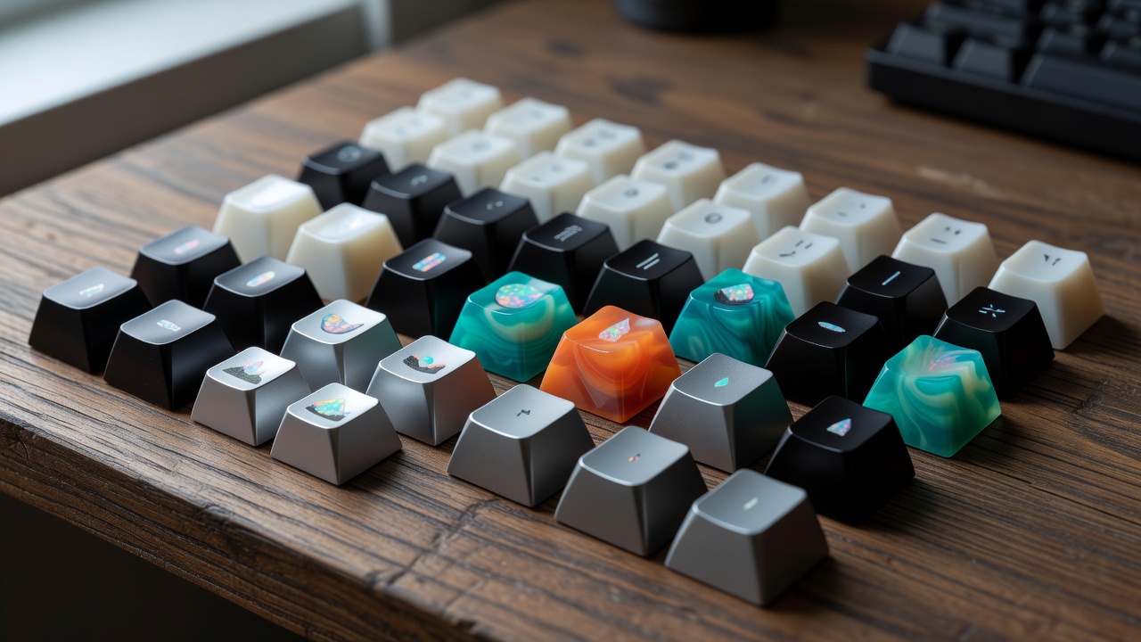 Assorted custom high profile and low profile keycaps resting on desk