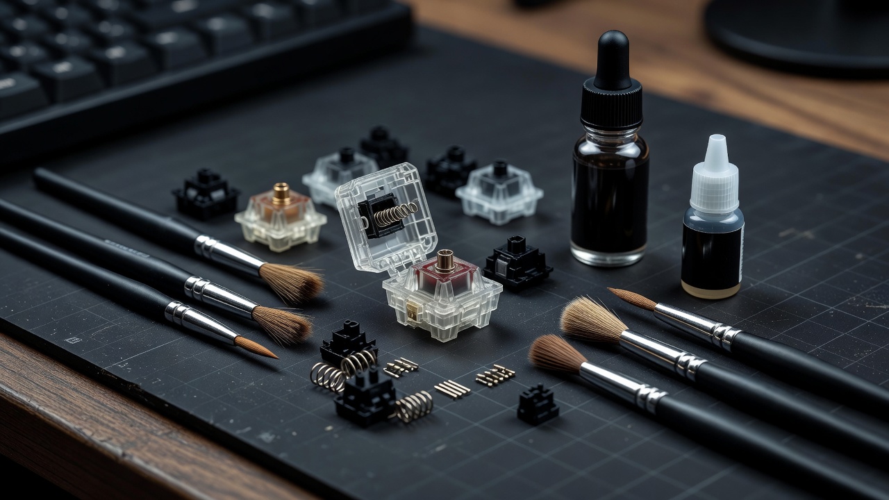 Detail closeup of a switch modding station with brushes and lubricants