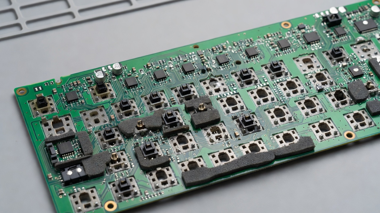 Exposed mechanical keyboard PCB with custom dampening foam installed