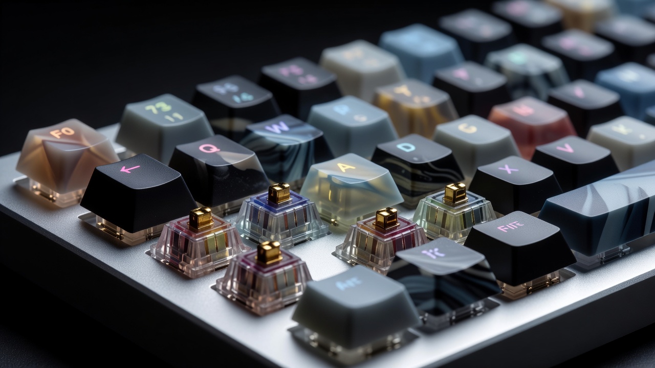 High performance mechanical keyboard macro close up showing custom switches and keycaps
