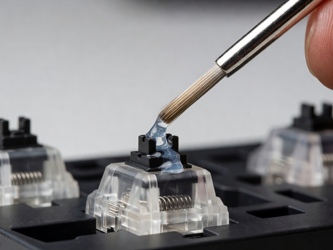 Precision brush applying Krytox switch lubricant to stem